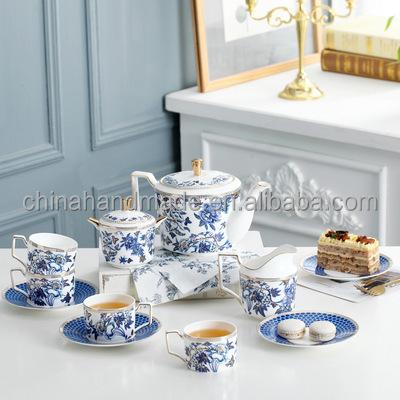 China Viable luxury good quality bone china tea set blue and white coffee ware european tableware russian teapot set useful gift box wedding for sale