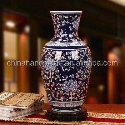 China Ming Dynasty Porcelain Flower Decoration Vases 55cm Handmade Luxury Traditional Navy Color Table Vase Ceramic Under Glazed for sale