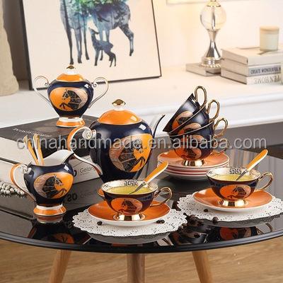 China Viable Wholesale Fine Bone China Teapot and Saucer Cup Sets Ethiopian Gold Rim Porcelain Milk Ceramic Jug Coffee Set Gift Box Kit for sale