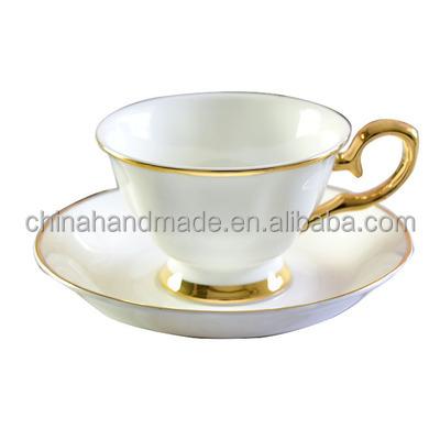 China Viable Ceramic Tea Hotel Porcelain Cup Saucers White Coffee Sets Fine Bone China Drinkware Gold Traced for sale