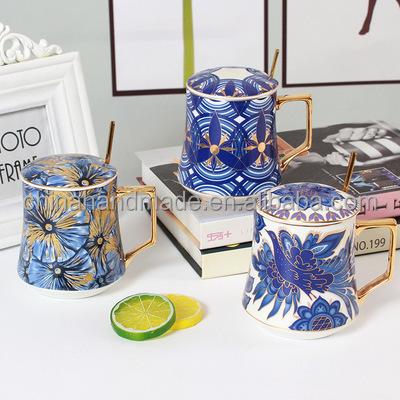 China Good Quality Viable Mug With Floral Printing Lid Spoon Set Business Gift Logo Printed Acceptalbe Fine Ceramic Porcelain for sale