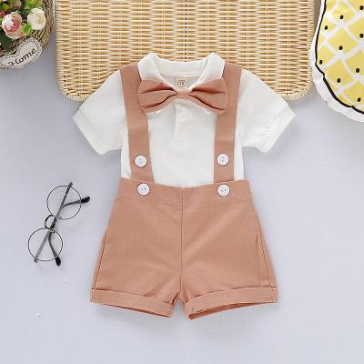 China Antibacterial hot sale child jumpsuit boutique set 100% cotton gentleman romper + pants kids baby boy clothing set for sale