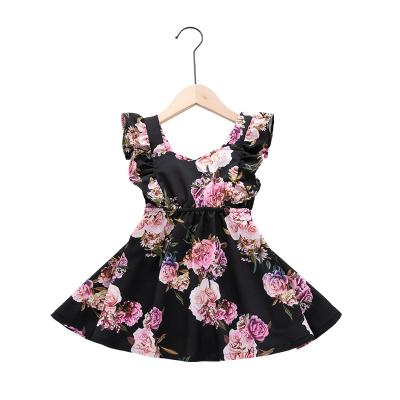 China Fashion Anti-Static Baby Shorts Sleeve Black Flower Babies Dresses Toddler Summer Dress for sale