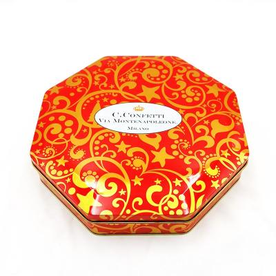 China Recycled Materials Food Grade Custom Engraved Embossed Chocolate Tin Box Octagonal Tin Cookie Packaging Metal Chocolate Tin Storage Box for sale