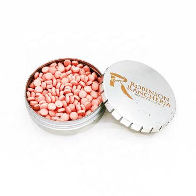 China Recycled Materials Wholesale Empty Puff Chewing Gum Round Pressitin Tin Can Custom Mint Candy Tin Box Click Slam for sale