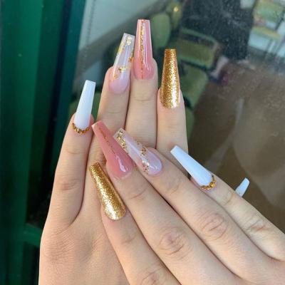 China Design Gold Foil Flowering White and Pink Coffin Shape Fake Nails Long Ballerina Nail Tips Artificial Nails Press On Nails for sale