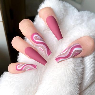 China Ripple Print Design Frosted Pink Nail Tips Long Ballerina Fake Nails Coffin Shape Press On Nails Packaging Box for sale