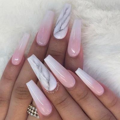 China Design Marble Texture Gradient Pink Orange Nail Tips Acrylic Ballerina Nails Long Press Fake Coffin Shape On Nails Packaging Box for sale