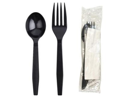 China Disposable Plastic Cutlery Set Home Kitchen Restaurant Disposable Plastic Cutlery Set With Black Napkin & Salt & Paper Middle Weight for sale