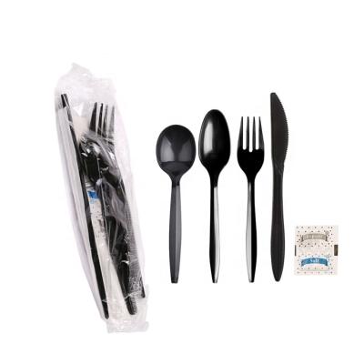 China Disposable Plastic Cutlery Kit Napkin Salt &pepper PS Black Fork and Spoon Travel Set YJ-DS001 YJ-DS001 for sale