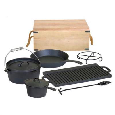 China Fire Cast Iron Outdoor Camping Cooking Ware Set With Wooden Box for sale