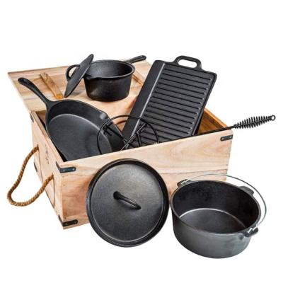 China Fire Camping Cast Iron Nonstick Cookware Set Cooking Pot Cooking Set With Wooden Box for sale