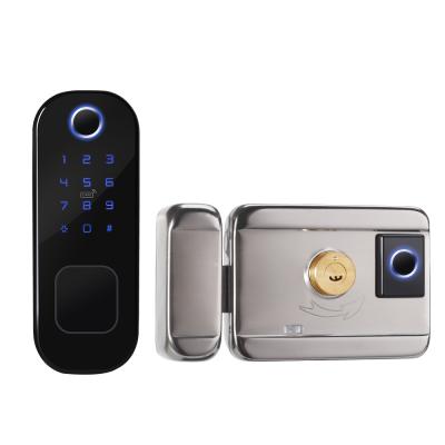 China Easy Installation Double Sides Fingerprint Door Lock Biometric WiFi Lock With Rim Lock For Exterior Door for sale