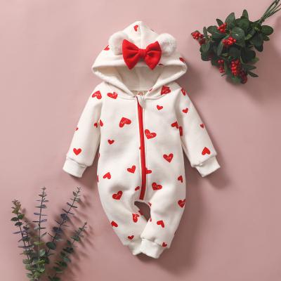 China Long Baby Rompers Love Bowknot Zipper Hooded Newborn Infant Strawberry Red Baby Romper for sale