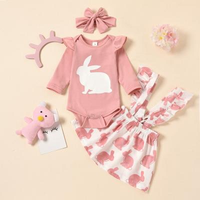 China Amazon Spring 2022 Easter New Long Bunny Solid Color Romper Set With Rabbit Printing Pink Romper Baby for sale