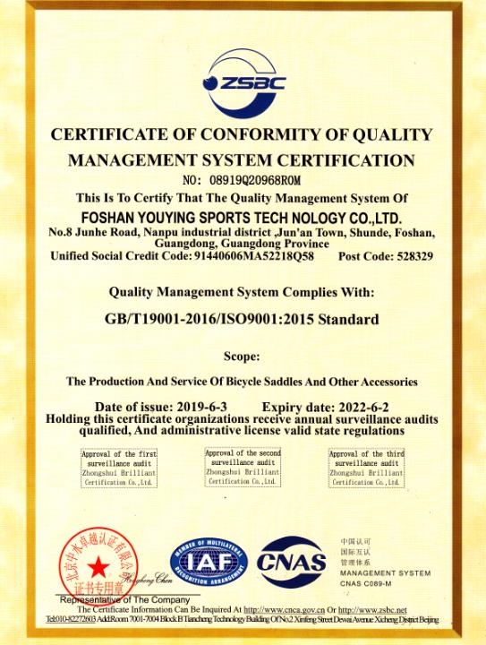 ISO9001 - Foshan Youying Sports Technology Co., Ltd.