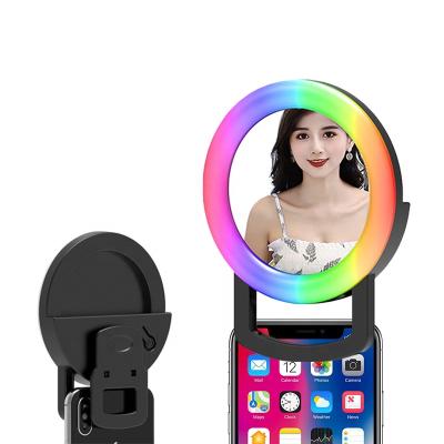 China Universal Mobile Phone LED RGB Fill Mirror Light Colorful Living Beauty Makeup Mini LED Soft Light Portable Selfie Ring Fill Light 2258R for sale