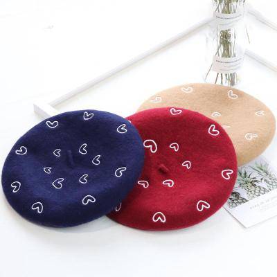 China Custom Painter French Beret Hat Selling Heart Soft Warm Female Wool Embroidery For Women for sale