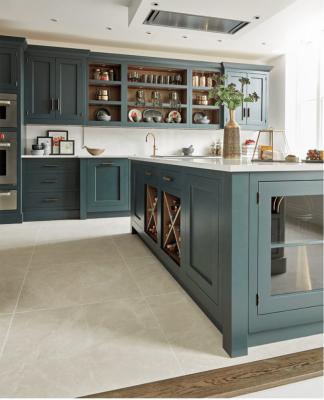 China Durable Angel Grace Light green light blue country fresh style kitchen cabinets with glass window cabinets for sale