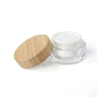 China Custom 30g 50g Cosmetic Packaging Container Skin Care Clear Empty Glass PS Clear White Jar With Bamboo Lid for sale