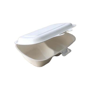 China Disposable Eco-Friendly Hinged Clamshell Take Away Disposable Food Containers Bagasse Lunch Box 2 Parts for sale