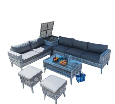 China Garden 6pcs Rattan Corner Sofa Set Outdoor Rattan Corner Luxury Sofa with Storage Corner and Storage Shelf Hand-painting for sale