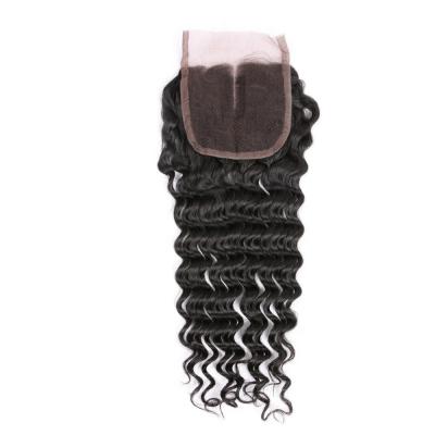 China Peruvian Virgin Hair 4*4 Deep Wave Lace Closure Hand Tied 130% Density for sale