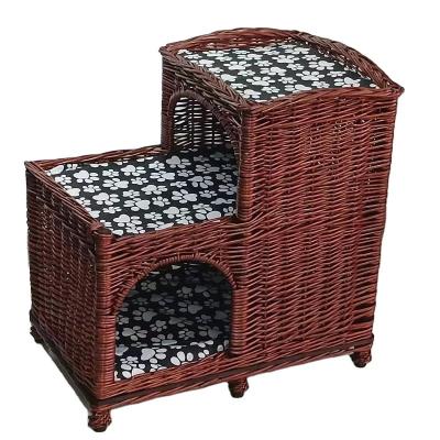 China Custom Viable Luxury Leather Rattan Wicker Pet Sofa Cat Dog Bed Round Rattan Pet Bed Sofa for sale