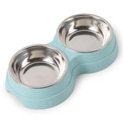 China Stored 2 in 1 pet accessories wheel double eco slow feed pet stainless steel bowl for outing for sale