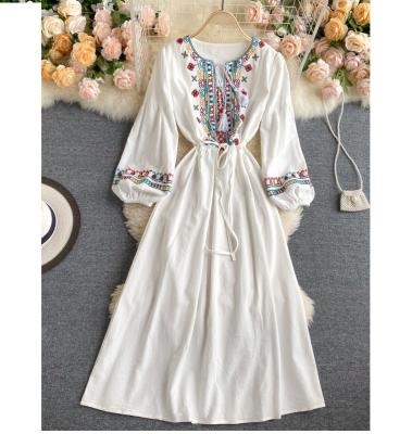 China Vintage Anti-Static Inspired Women Dress Embroidery Cord Tie Floral Tassels Dress Long Casual Loose Maxi Dress Boho Dress for sale