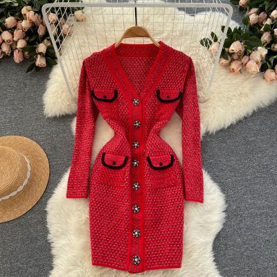 China Spring Autumn Winter New Anti-Static V-Neck Knitted Dress Pencil Dress Red Slim Fit Houndstooth Midi Length Sheath Dress for sale