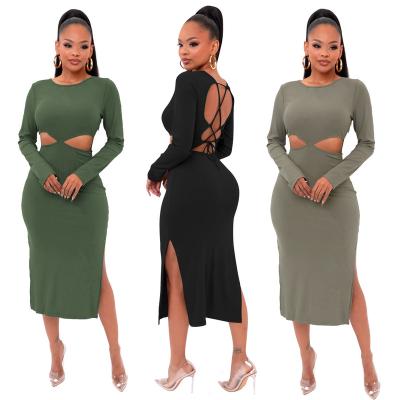 China Elegant Club Wear Long Sleeve Waist Anti-Static Sexy Women Dress Dresses Long Cut Out Hollow Out Dress For Ladies for sale