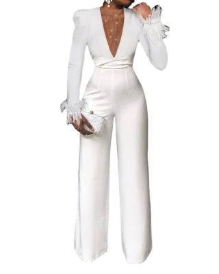 China Fashion QUICK DRY White V-neck Long Sleeve Sexy Mesh Jumpsuit Elegant For Women for sale