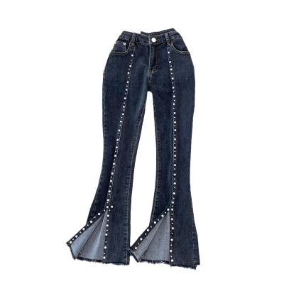 China Autumn New New Nine Dots Jean High Waist Trousers Bell Bottom Pants Soft Split Elastic Stud 