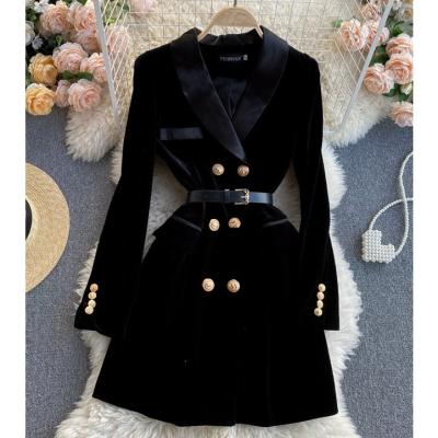 China Elegant Women High Quality Anti-static Cross Velvet Black Blazer Autumn Winter Office Formal Dress Long Coats For Ladies for sale