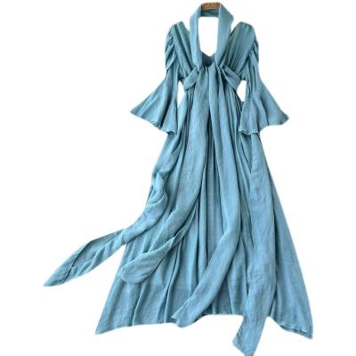 China 2022 New V-Neck Flare Sleeve Chiffon Neck Anti-Static Halter Tea-Length Springs Elegant Vacation Dress For Women for sale