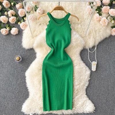 China New Summer Anti-Static Sexy Vest Dress Fashion Slim Fit Slimming Dress Halter Sleeveless Off-Shoulder Knitted Sheath Dress For Women for sale