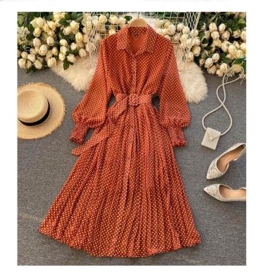 China 2021 New Anti-Static Women Long Sleeve French Turn Down Collar Bodycon DOT Long Chiffon Pleated Dress for sale