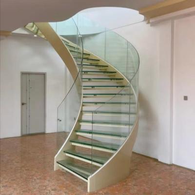 China modern round glass stair/stainless steel stair modern curved glass staircase with tempered glass tread top railing for sale