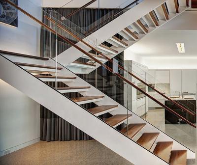 China Double Beam Modern Straight Interior Stainless Steel Wooden Staircase for sale