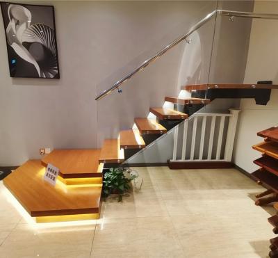 China Modern Customized Solid Wood Stairs With Led Lights Tempered Glass Railing Straight Staircase for sale