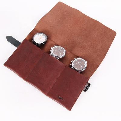 China CHANGRONG Custom Handmade Vintage Watch Roll Travel Leather Organizer Holds Up Soft/Multifunctional /Durable to 3 Watch Case for sale