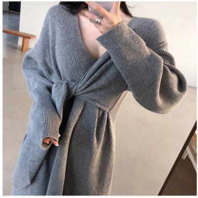 China Anti-wrinkle Temperament V-Neck Lace Up Long Sleeve Women Knitted Long Sweater Dress Pullover Solid for sale