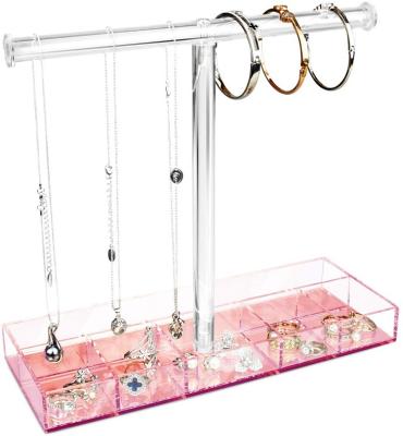 China Acrylic Rose Gold Mirrored Base Jewelry T-Bar Display Bangle Display Holder Rack Necklace Earrings Rings Bangle Organizer with Storage Compartments for sale