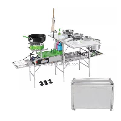 China Full Set Mobile Outdoor Kitchen Raising Cooking Camp Travel Kitchen Box Family Camping Folding Table Outdoor Mobile Kitchen for sale