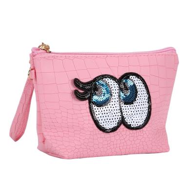 China 100% Eco-friendly Sequins Daily Order Big Eyes Travel Cosmetic Bags Daily Makeup Bag With Gold Zipper for sale