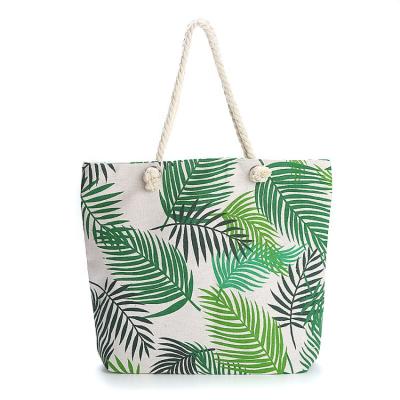 China 100% Custom Wholesale Eco-Friendly Printed Tote Shoulder Bags Beach Bags Beach Bags Tote Bags Heavy Canvas Cotton Tropical Rope With Zipper for sale