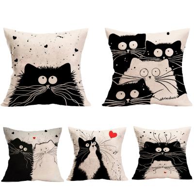 China Portable Black and White Cute Cats Animal Cushion Cover 18 Inch Christmas Hemp Linen Cotton Cushion Covers for sale