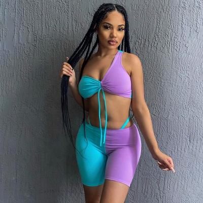 China GC-2072501 2022 women antibacterial one shoulder fitness set purple blue crop top two piece patchwork biker shorts skinny casual outfits for sale