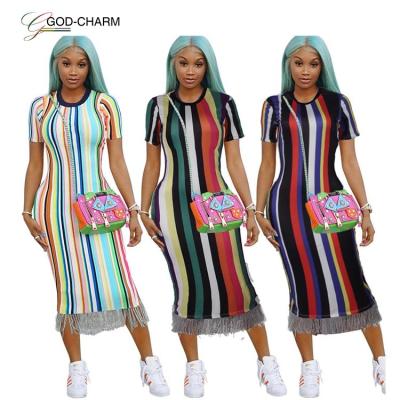 China G-8S106 Wholesale Sexy Anti-Static Women Fashion Colorful Striped Tassel Dress With Short Sleeves African Clothing for sale